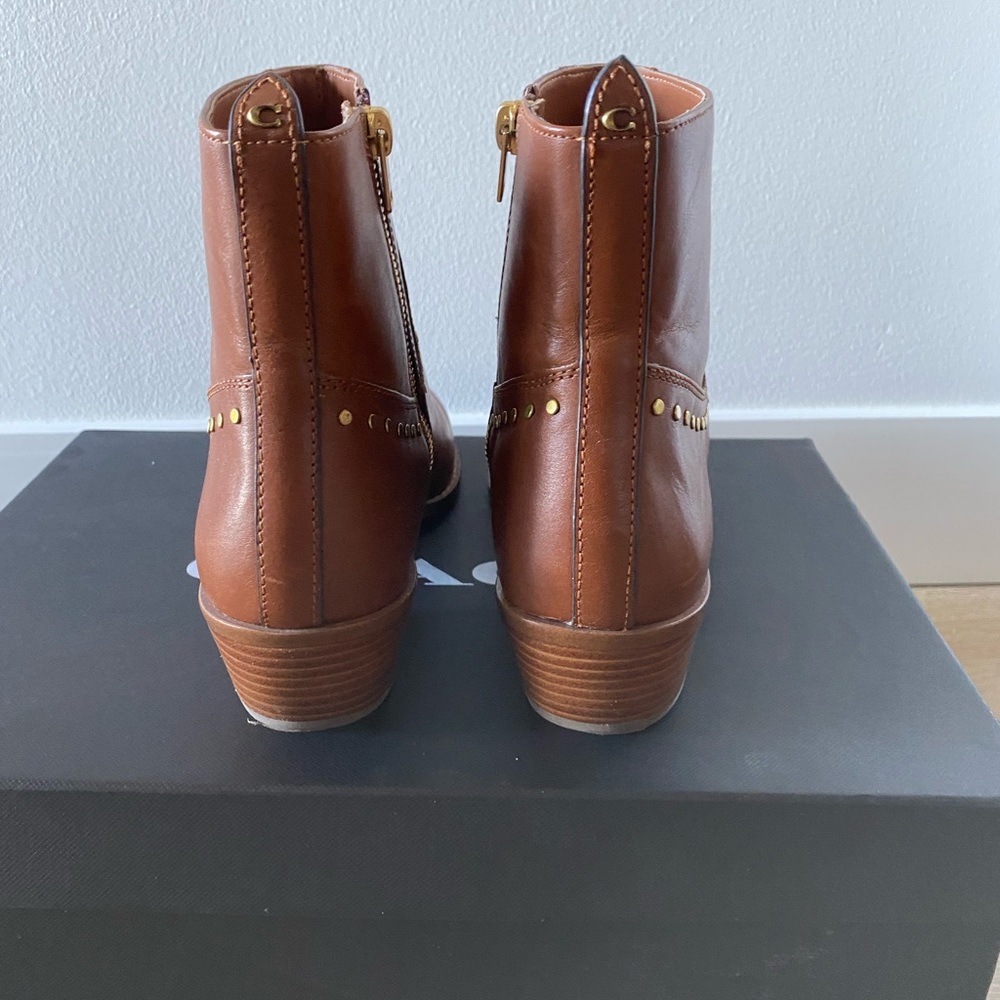 Coach Eva Leather Stacked Heel Bootie Brown - Picture 5 of 6